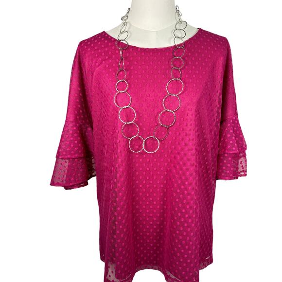 Hot Pink Sheer Dotted Top with Ruffled Sleeves - Picture 2 of 4